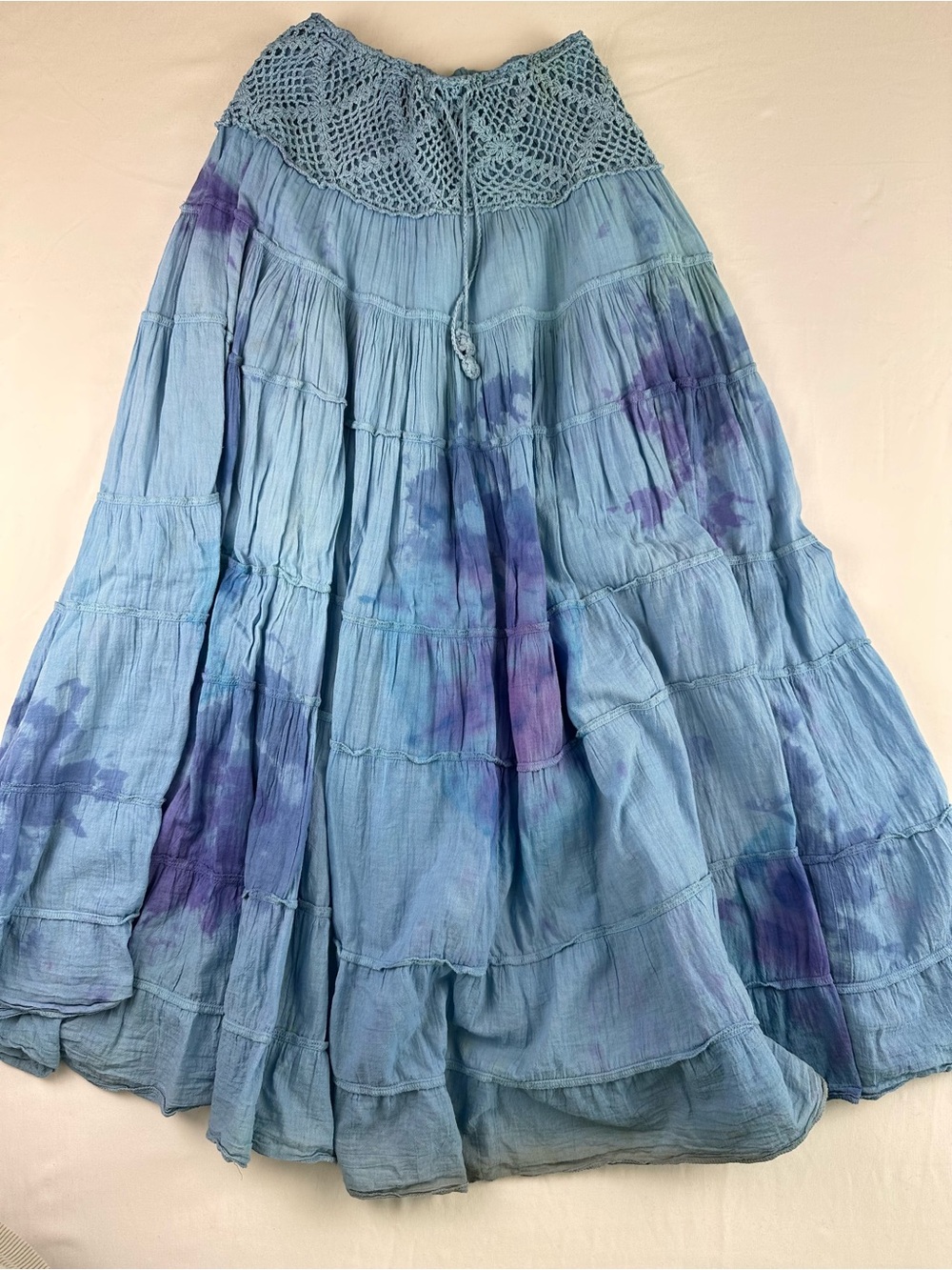 Boho Tie Dye Tiered Maxi Skirt Blue Purple Crochet Waist Festival Hippie Y2K M